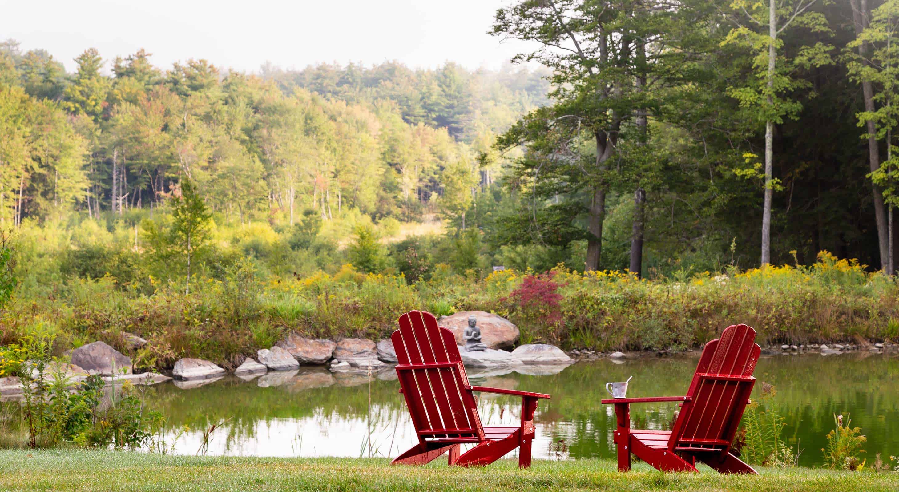 chairs by pond